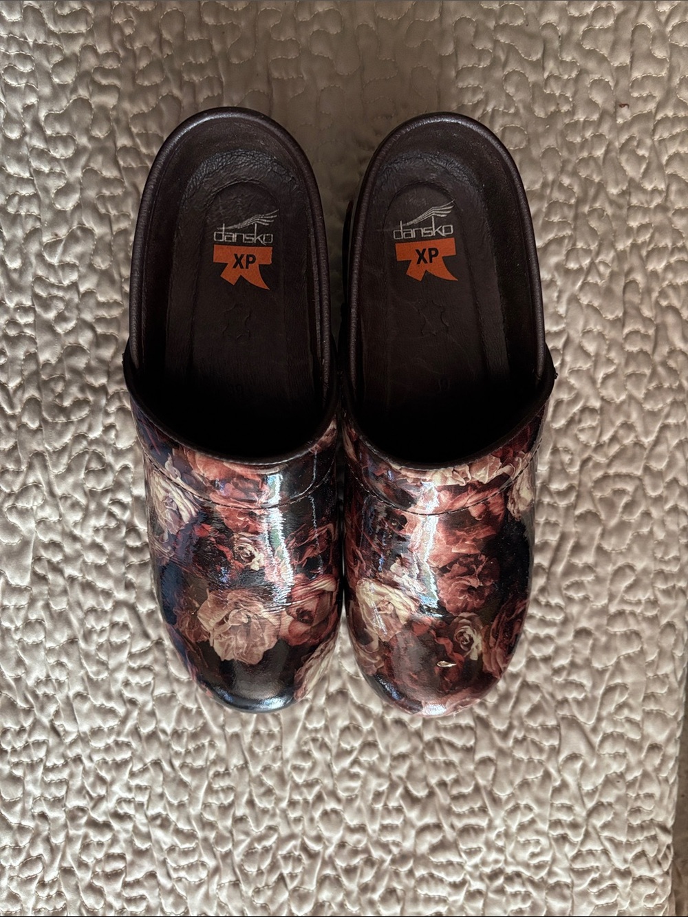 Dansko Patent Floral Clogs in Burgundy, Black and Cream Tones